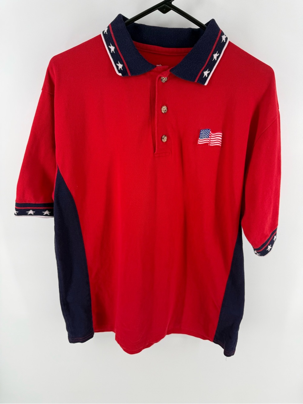 Vintage 90s Soffe Polo Shirt Men’s Medium Red USA Flag Stars Patriotic Americana